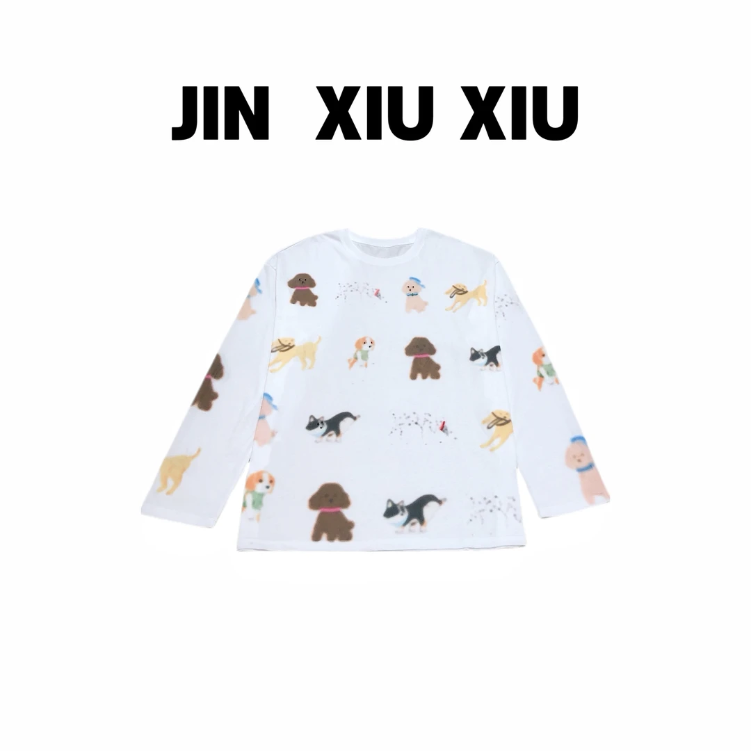 JINXIUXIU夏季新款圆领小狗狗印花韩系甜美长袖上衣339