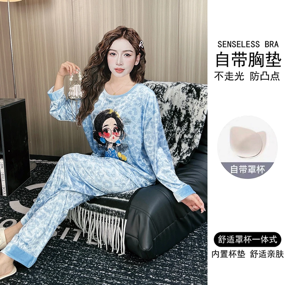 带胸垫2025年新款金丝绒睡衣女春秋季长袖可爱卡通秋冬家居服套装