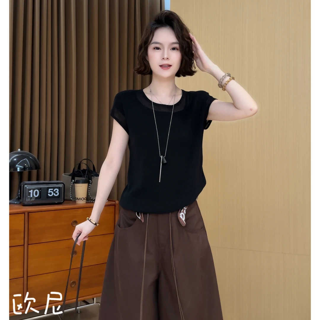 欧尼私服 2025夏新款纯色圆领镂空针织T恤宽松休闲上衣2507C4150