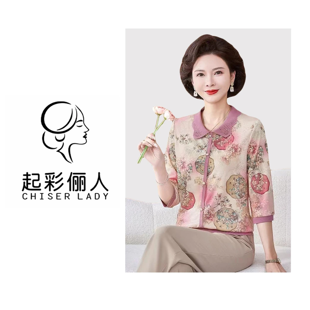 春夏翻领印花T恤上衣气质妈妈装薄款七分袖小衫062