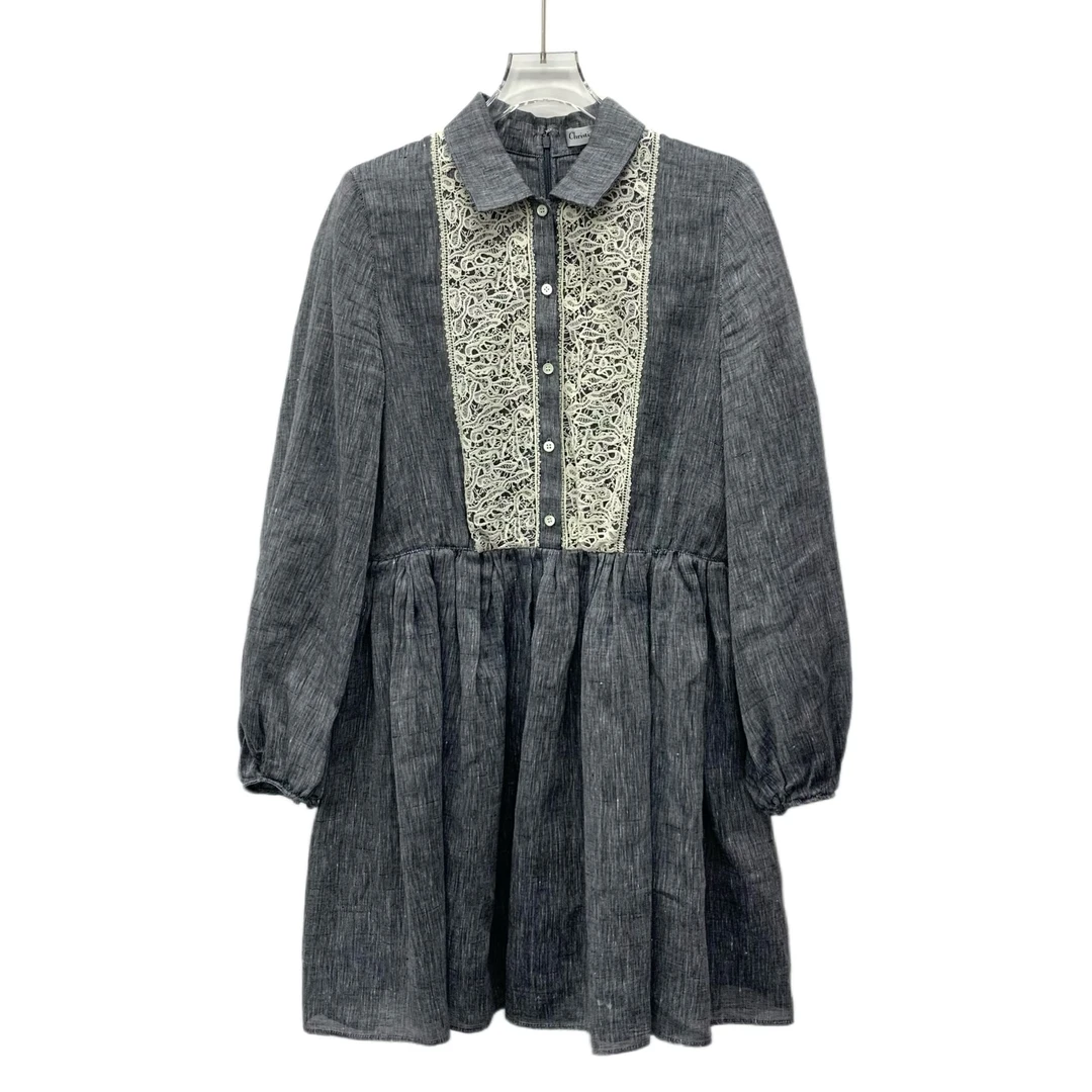 95新 DIOR/迪奥 FW0053 灰色亚麻蕾丝翻领长袖连衣裙 38 S码