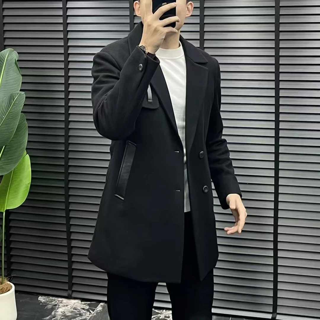 HS冬季新款SS017男士欧货商务风修身时尚中长款毛呢羽绒服