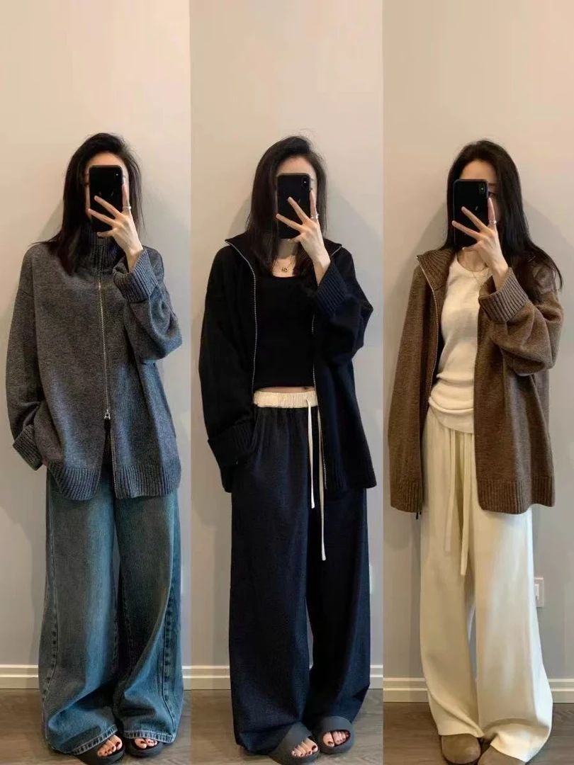 秋冬羊毛中长开衫慵懒休闲翻领针织开衫气质立领加厚拉链宽松毛衣