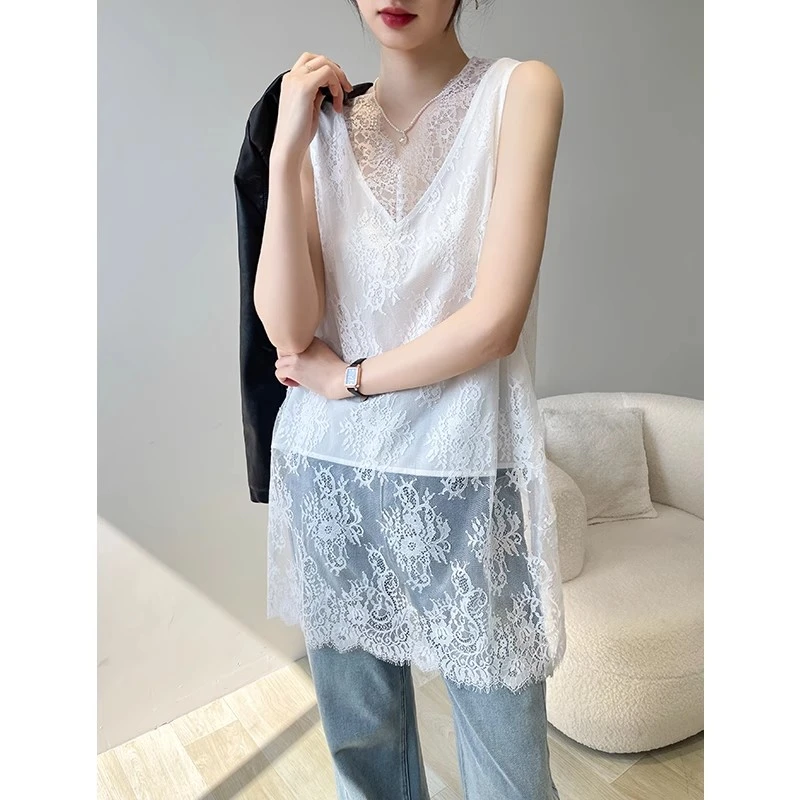 白色v领蕾丝吊带背心女夏外穿2025新款无袖中长款内搭假两件上衣