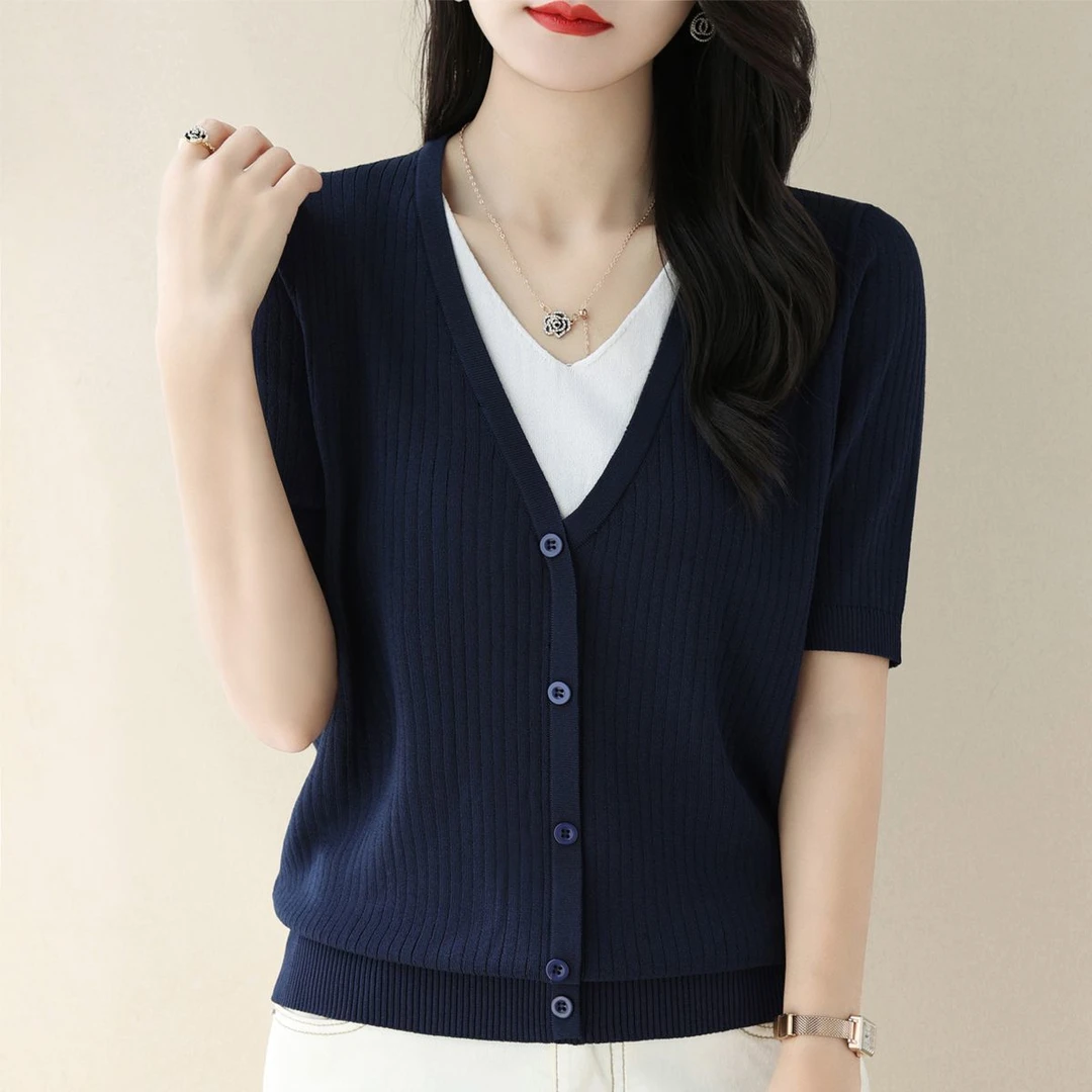 品牌折扣专柜新款V领假两件冰丝女夏t恤短袖衫大码百搭上衣针织衫