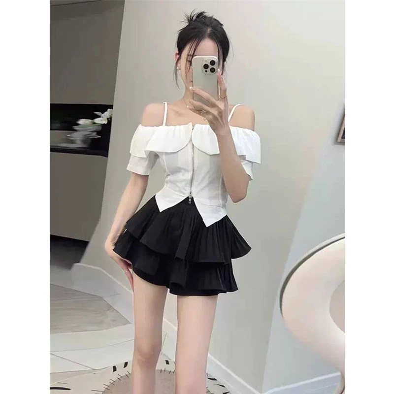 甜美气质一字肩辣妹荷叶边洋气吊带衬衫+短款半裙套装