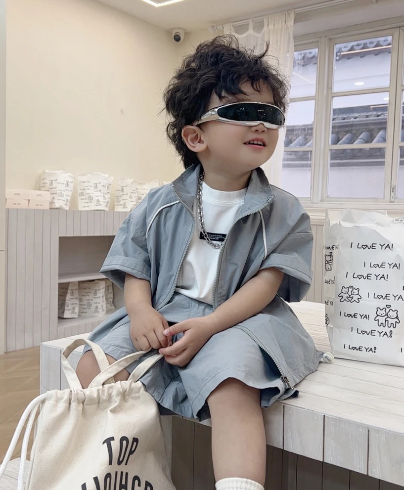 【棉逗熊品牌】男童韩版夏季休闲时尚男童雾霾蓝套装两件套-15016