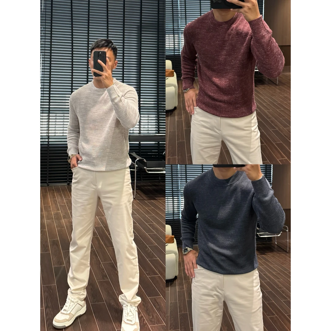 【亚麻混纺圆领长袖毛衫】早秋抗起球纤维休闲百搭时尚毛衫+253508