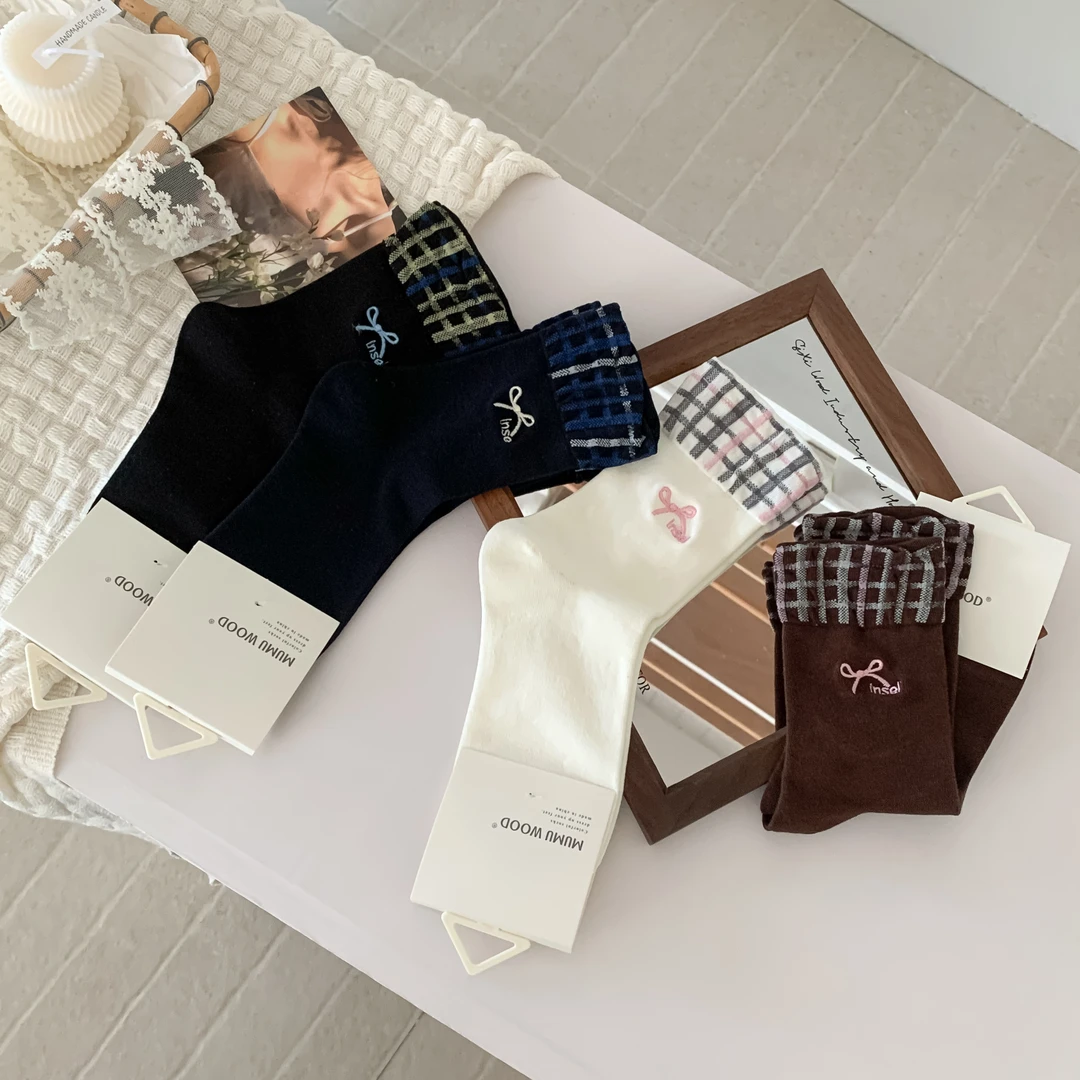 【cici socks】秋季ins风百搭蝴蝶结刺绣时尚卷边棉袜堆堆中筒袜
