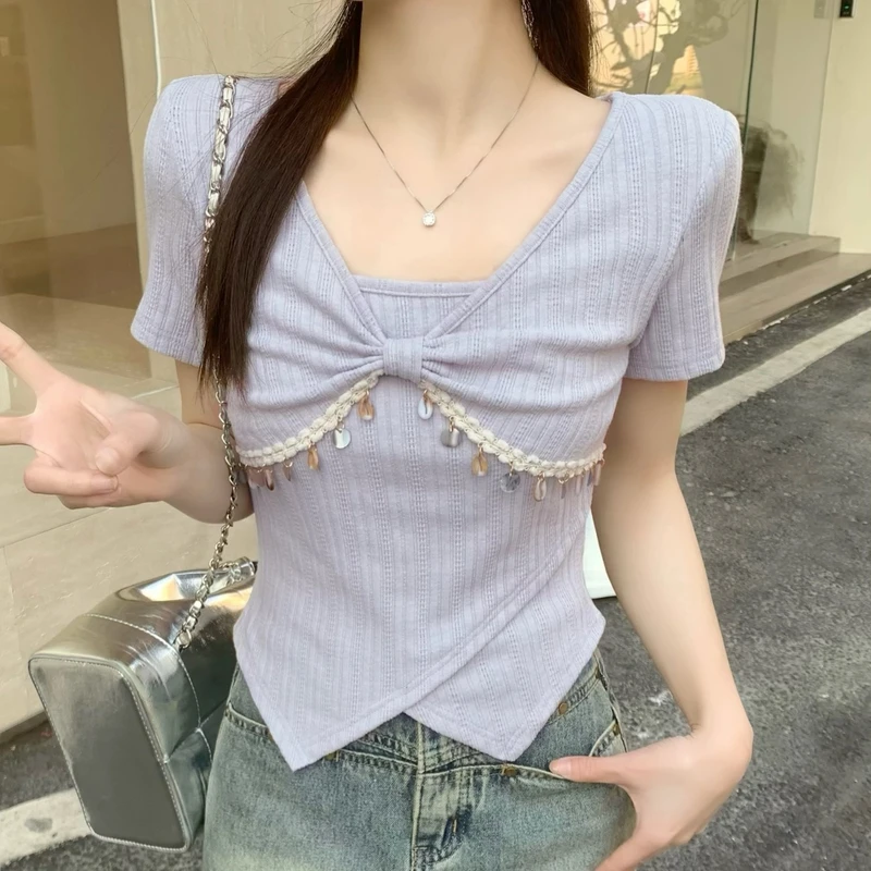 【小七家】春季新款 法式蝴蝶结设计高级感显瘦短款百搭上衣DM8616