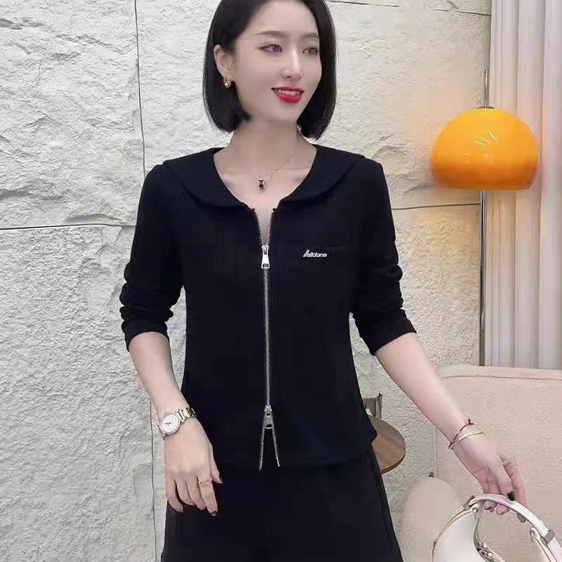 毛针织衫长袖春秋季开衫款纯色翻领百搭显瘦气质短款春季拉链外套