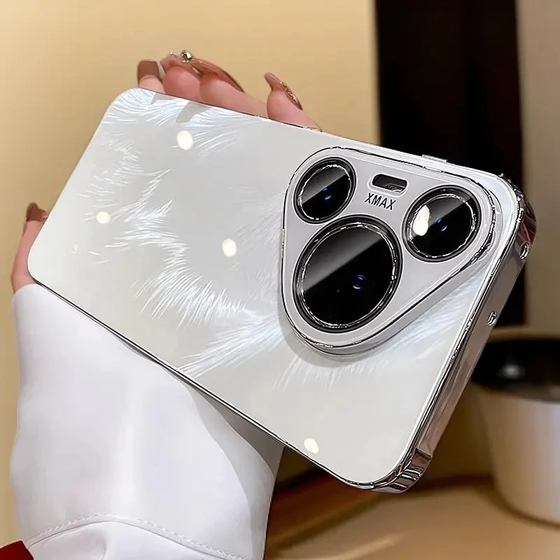 适用华为Pura70镜头全包手机壳新款羽纱纹玻璃pura70Pro高级创意