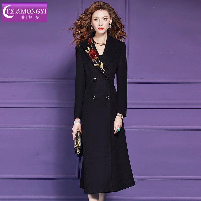 菲梦伊钉珠绣花黑色毛呢外套女冬季高端加厚中长款西装大衣67751