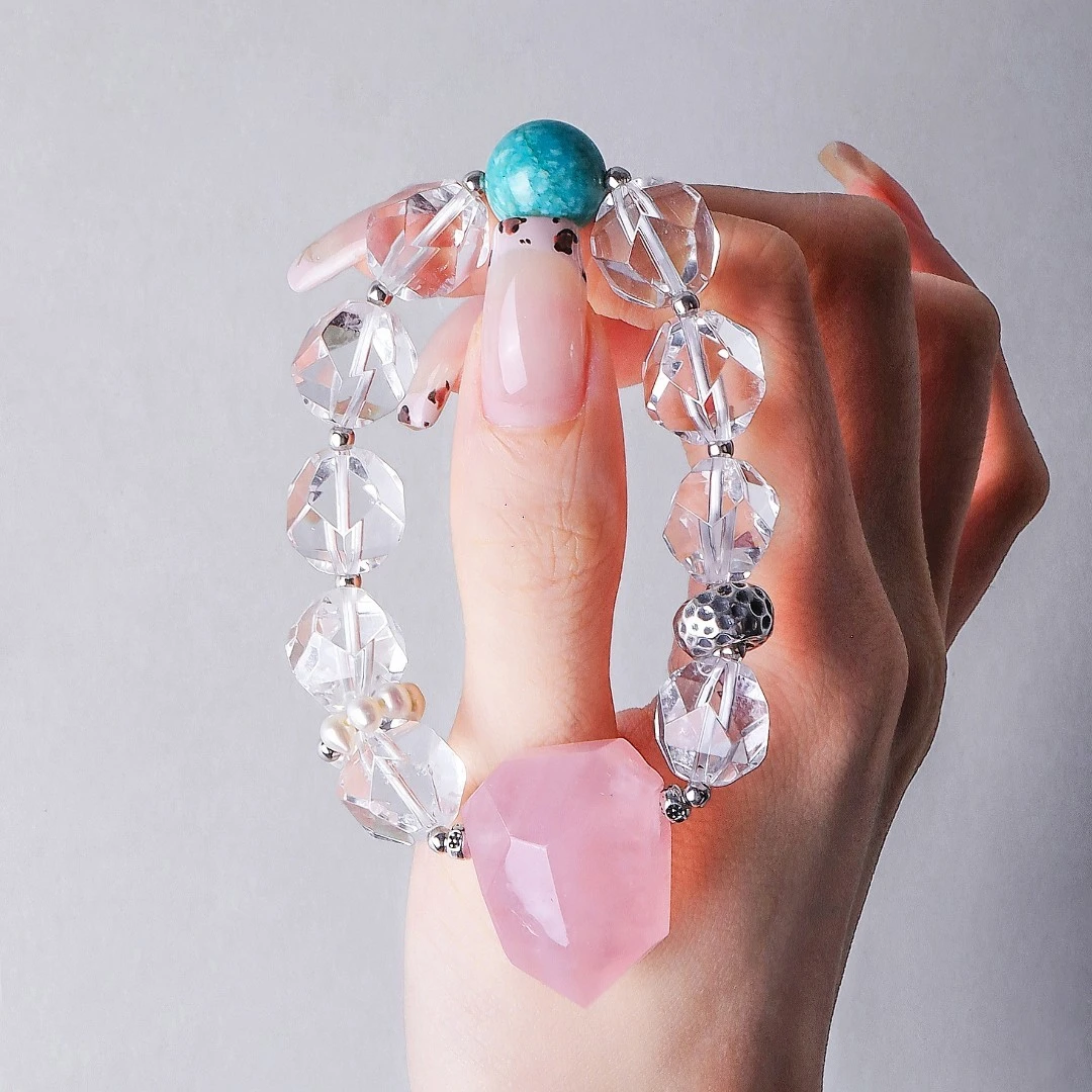 925银手链 S10814随形粉水肌理石头蓝珠切面白水水手链百搭新中式