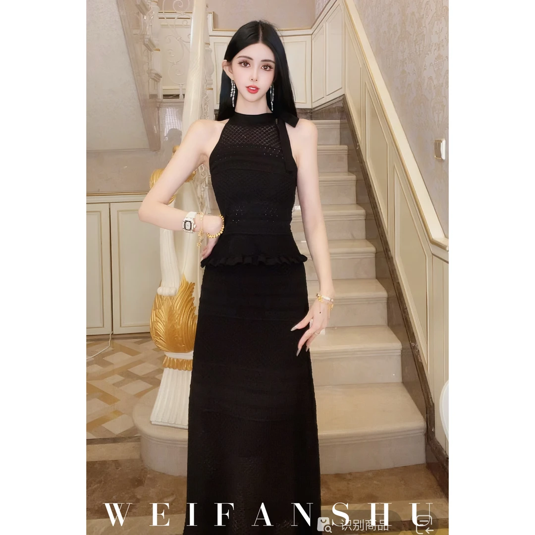 WEIFANSHU/魏凡舒【微风日记】夏季新款气质优雅露肩收腰显瘦套装裙