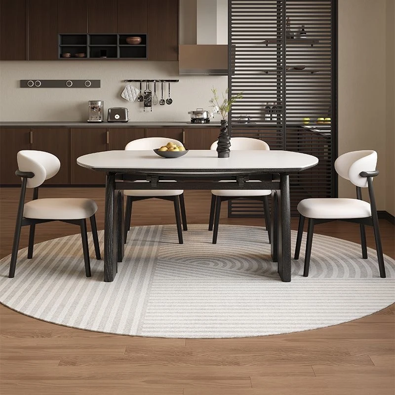 法式中古风可伸缩圆形岩板餐桌椅小户型餐厅家用折叠桌方圆两用桌