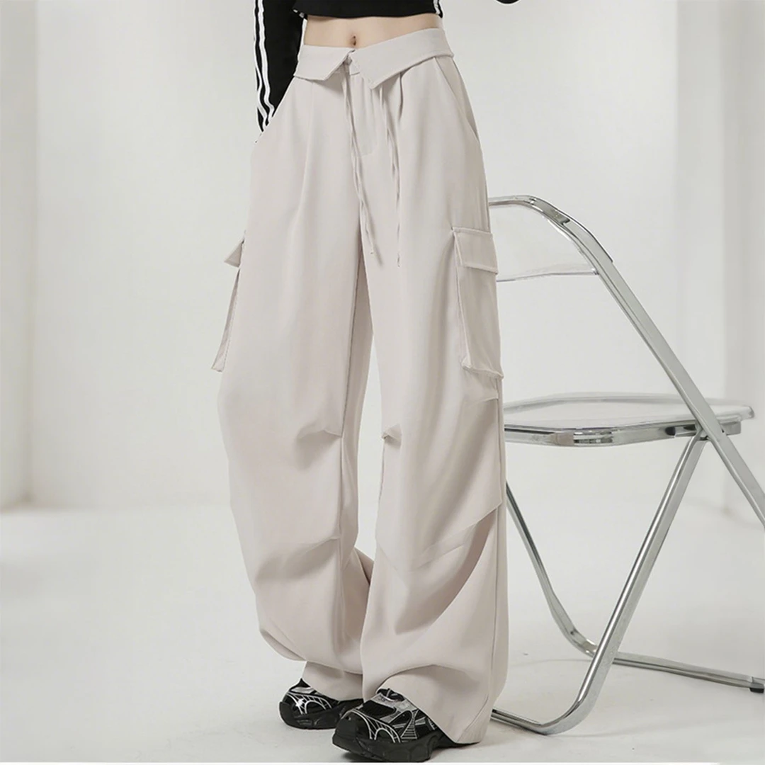 特大码女装胖mm美式复古时尚休闲工装裤女宽松显瘦设计感阔腿裤潮