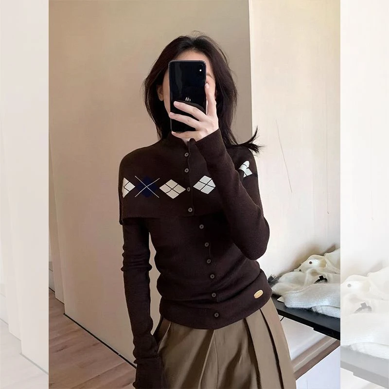 韩系棕色假两件披肩叠穿内搭针织上衣女秋冬小个子菱格打底衫毛衣