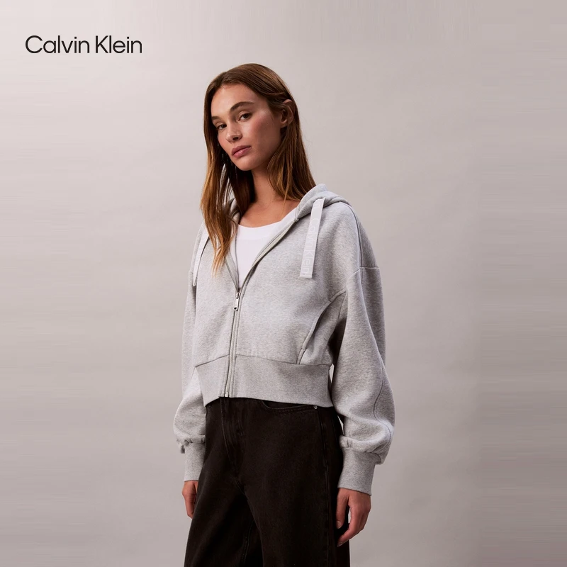 CK Jeans25年秋季新款女士休闲慵懒宽松抓绒提花织带连帽开衫卫衣