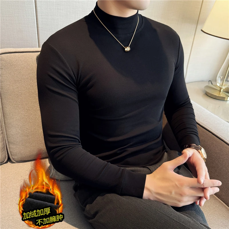 半高领男士t恤秋冬季加绒加厚款爆款2025新款长袖男款内搭打底衫