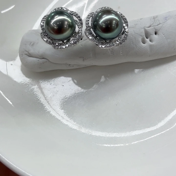 银S925镶嵌耳饰海水珍珠8-9