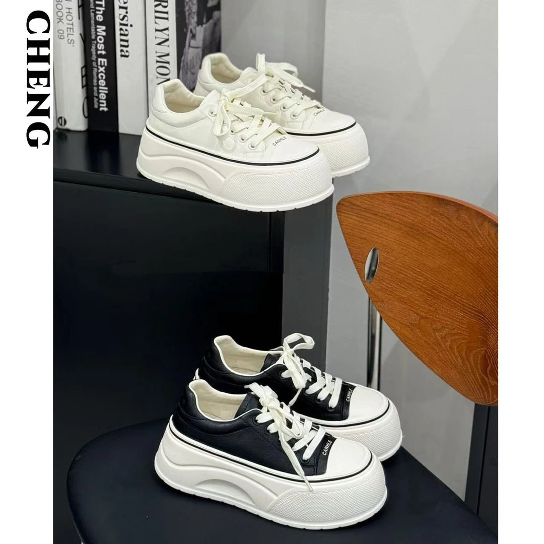 CHENG～厚底6CM软底小白鞋/Q弹日常通勤时髦极简小个子真皮休闲鞋/