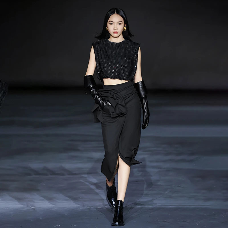 MAGGIE MA马婧设计师款黑色花朵压褶修身显瘦优雅气质半裙256B