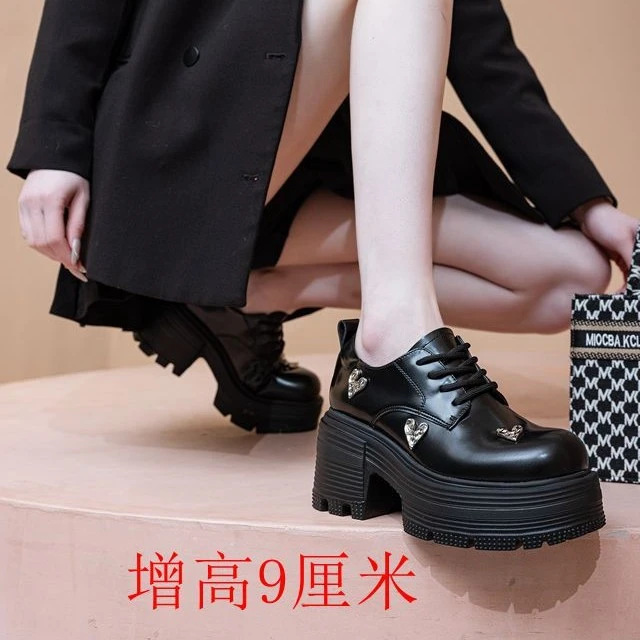 增高款小个子复古美少女小皮鞋英伦风厚底乐福鞋9厘米粗跟女单鞋