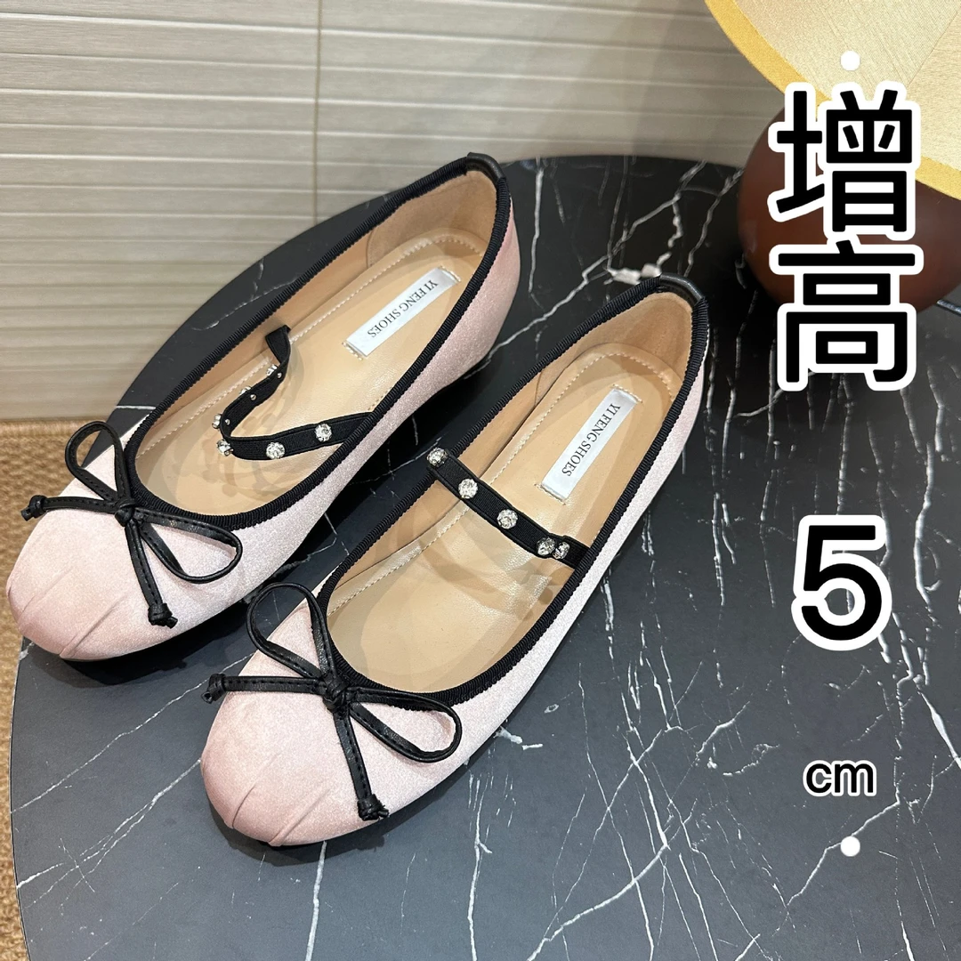 甜甜女孩·内增高女鞋法式水钻带猪鼻子缎面玛丽珍鞋蝴蝶结芭蕾鞋