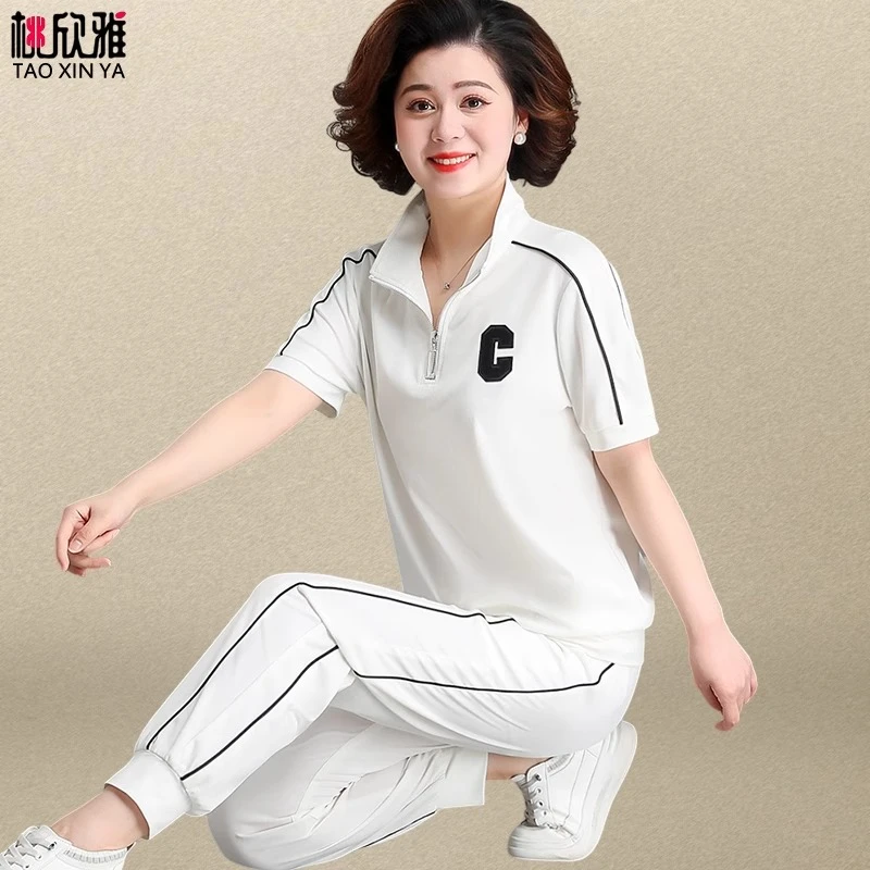 中老年运动套装夏季翻领短袖t恤中年妈妈夏装两件套母亲洋气上衣