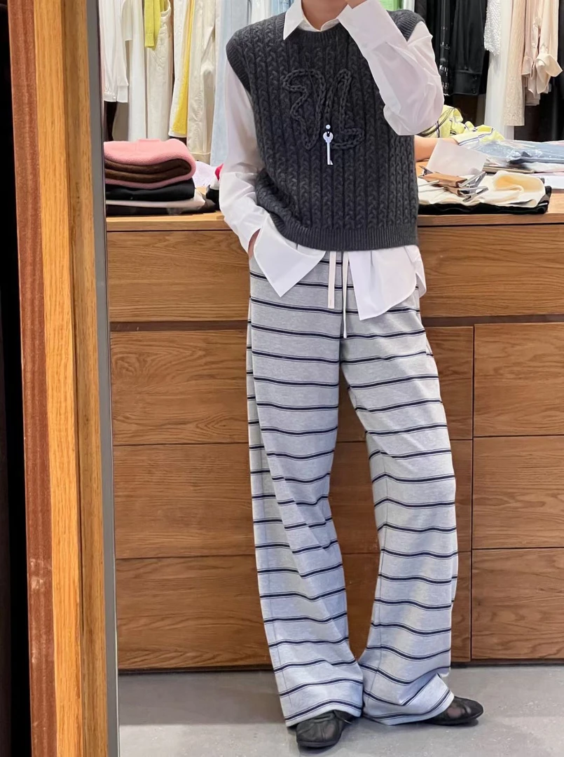 撞色条纹阔腿高腰拖地休闲裤慵懒感十足