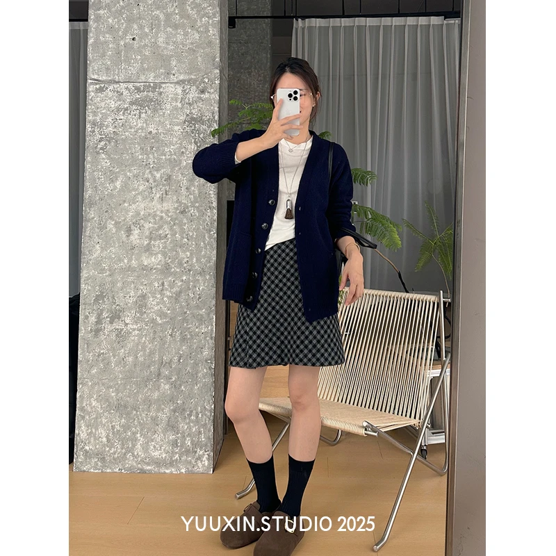 【YUUXIN】格子羊毛呢裙~秋冬复古格纹毛呢半身裙高腰A字包臀短裙