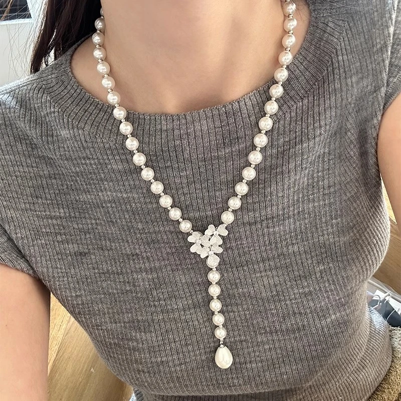 合金仿珍珠项链 花朵项链百搭高级感小众设计串珠长款毛衣链颈链1