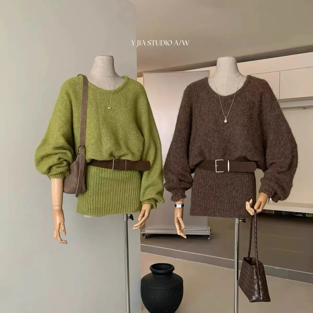 韩版慵懒风绿色圆领长袖针织连衣裙2025秋季ins穿搭宽松毛衣短裙