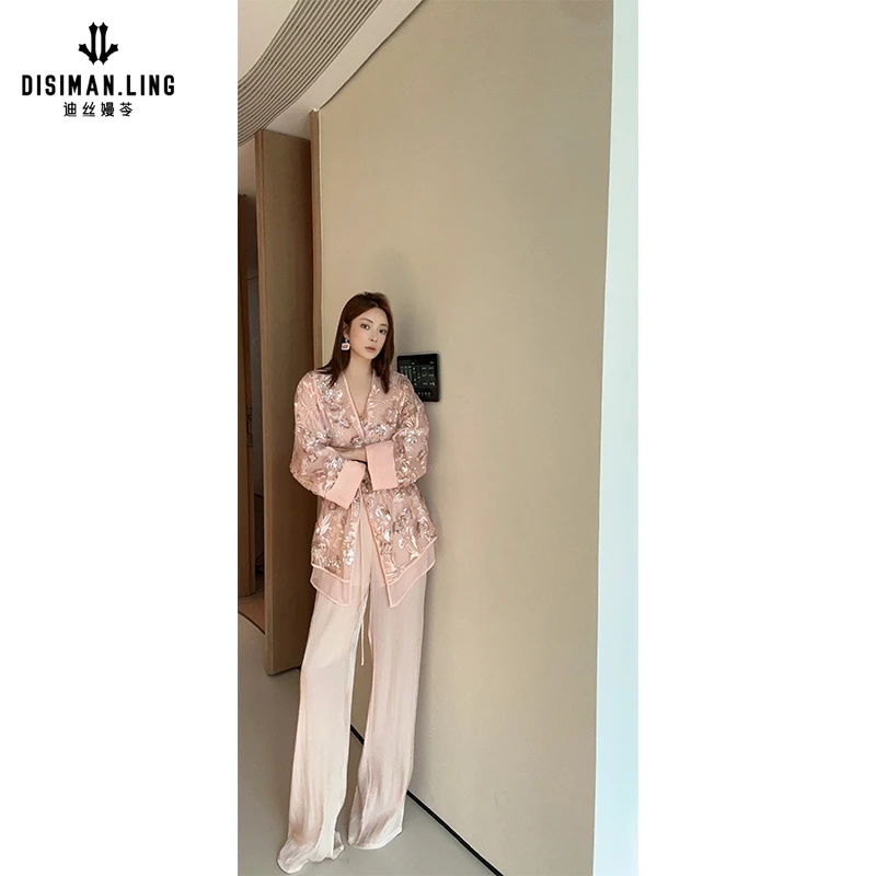 迪丝嫚苓粉色直筒裤气质显瘦百搭时尚舒适早春新款女士休闲运动