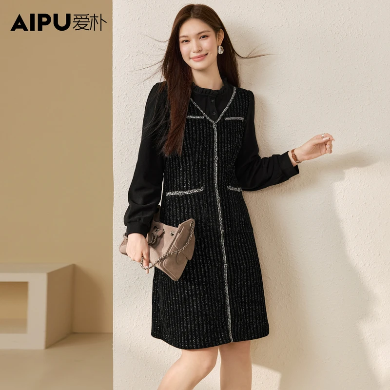 爱朴品牌大码女装2025冬季新款时尚洋气显瘦小香风连衣裙女52472