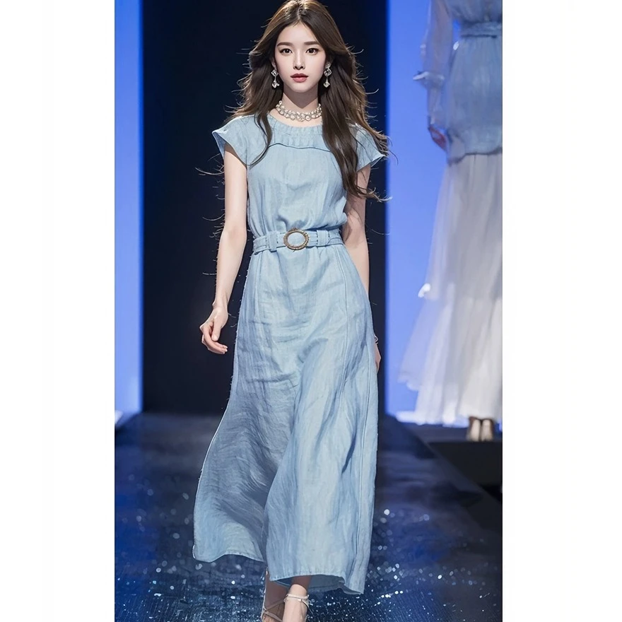 超好看别致绝美奶fufu温柔风长裙2025夏仙女法式桔梗蓝色连衣裙子