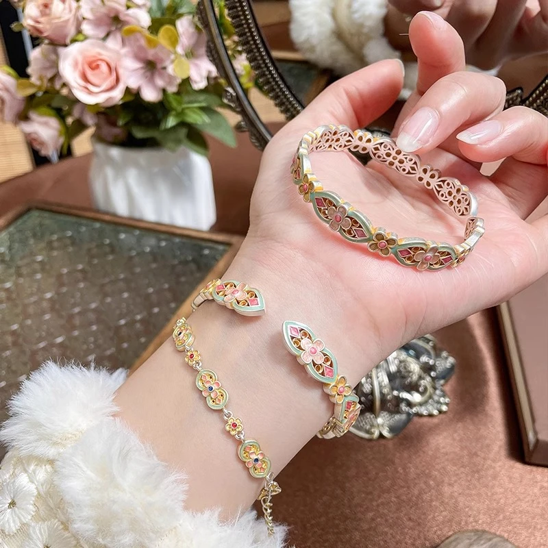 心草 足银珐琅手镯 女宫廷繁花朵9999纯银镯子描金珐琅新中式国风