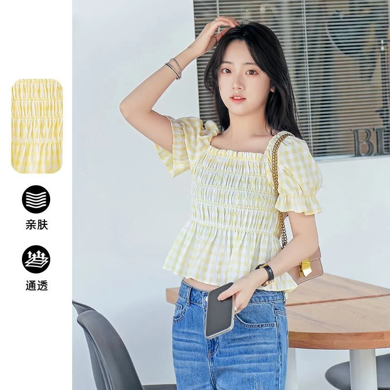 夏季小个子穿遮肚子雪纺泡泡袖短款显瘦格子小清新