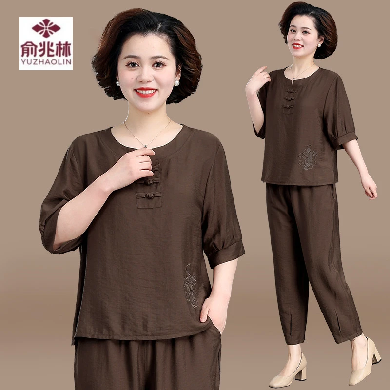 中年妈妈夏装套装洋气棉麻短袖t恤上衣2025新款夏季中老年人女装
