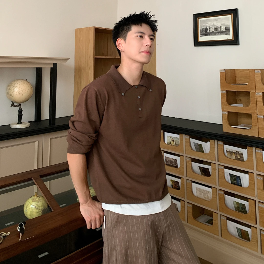 Holocene美式潮牌复古高街T恤男长袖翻领高级感简约百搭宽松my520