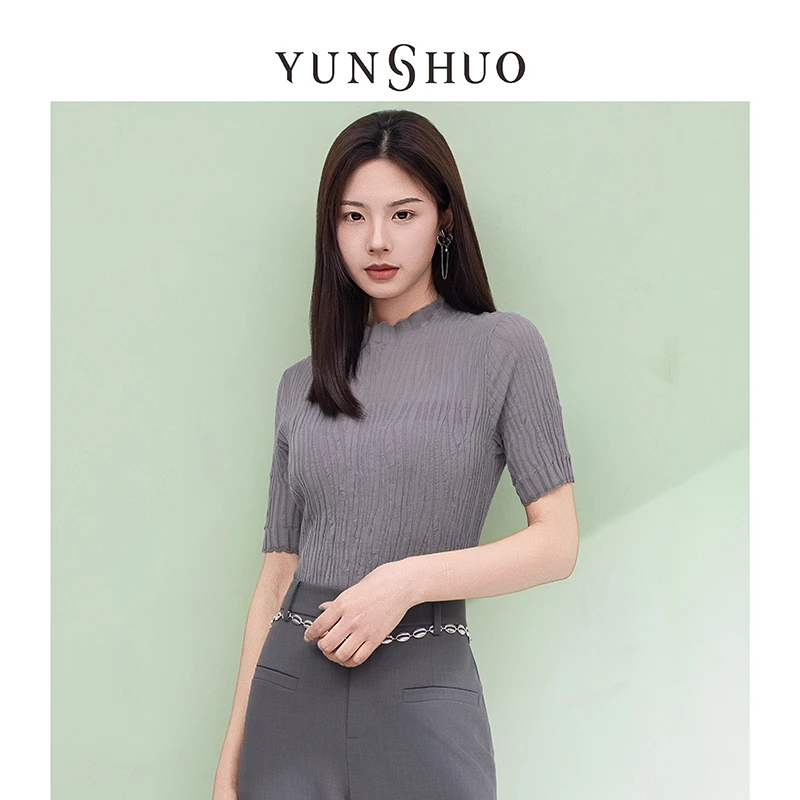允硕新品时尚气质纯色百搭立领纹理女套头衫半袖T恤短袖 735181
