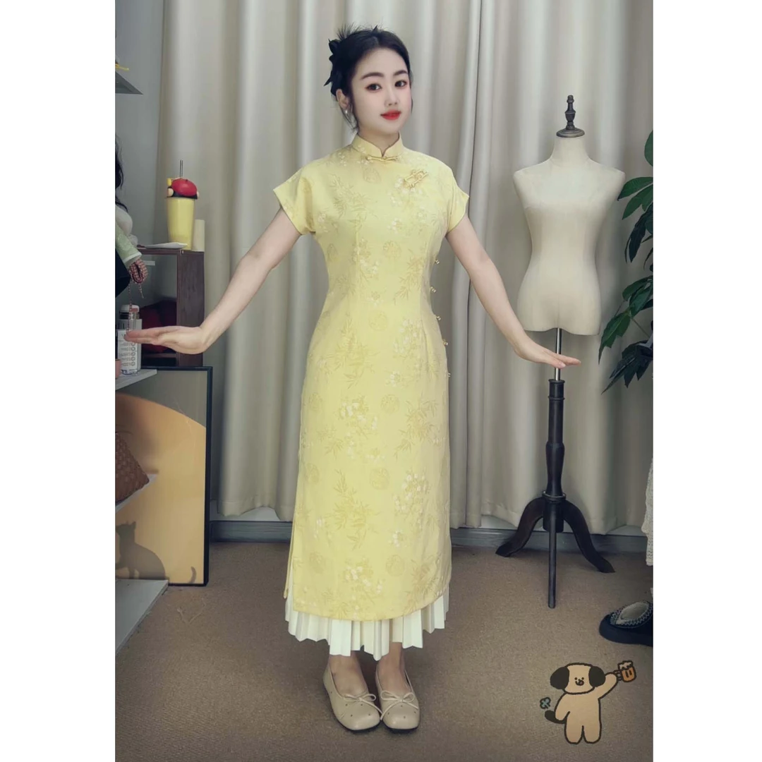 【黄花-现】s-3xl/2025年新款小个子中长款气质显瘦气质旗袍