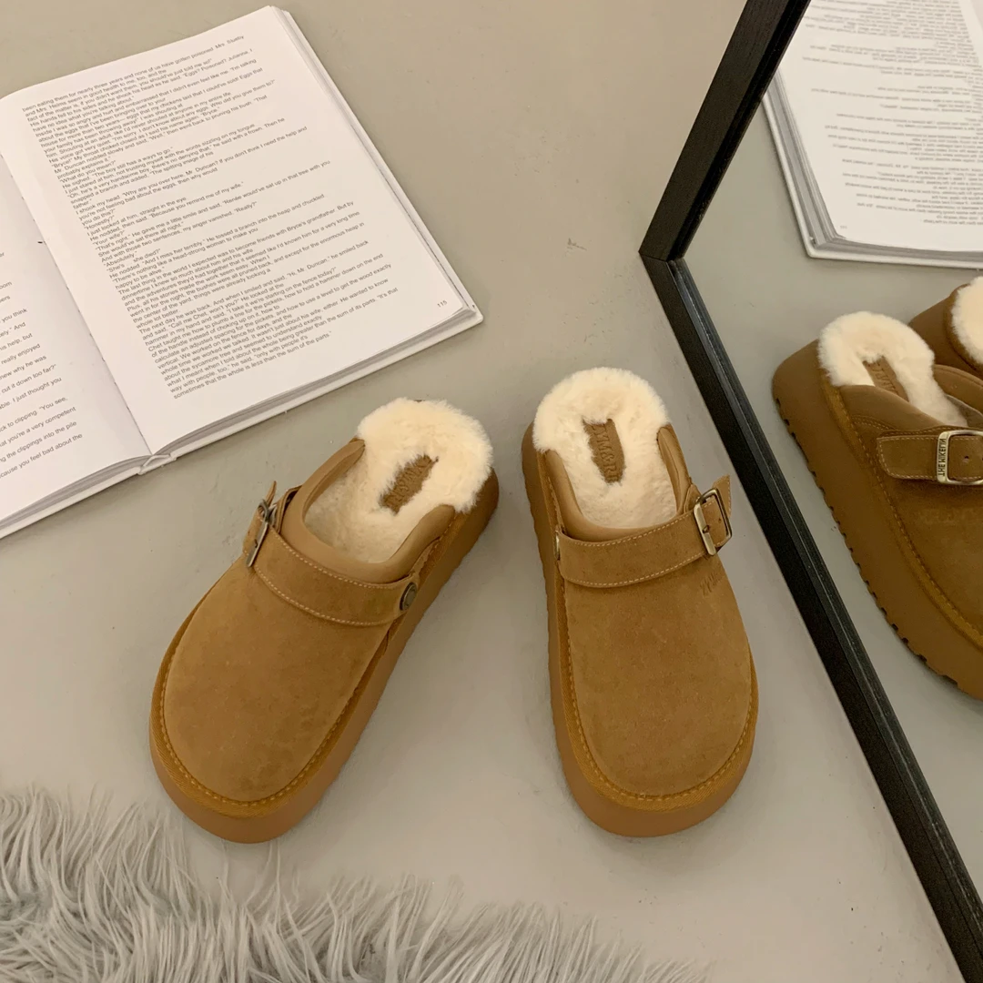 勃肯鞋厚底加绒包头半拖鞋女外穿2024新款冬季博肯毛毛雪地棉拖鞋