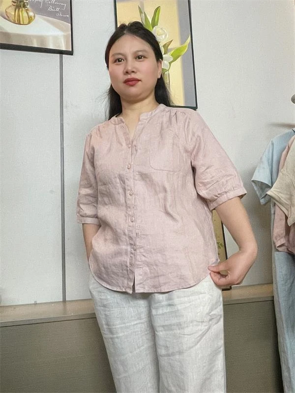 夏季时尚女士中袖衬衣休闲百搭宽松文艺显瘦亚麻复古立领衬衫上衣