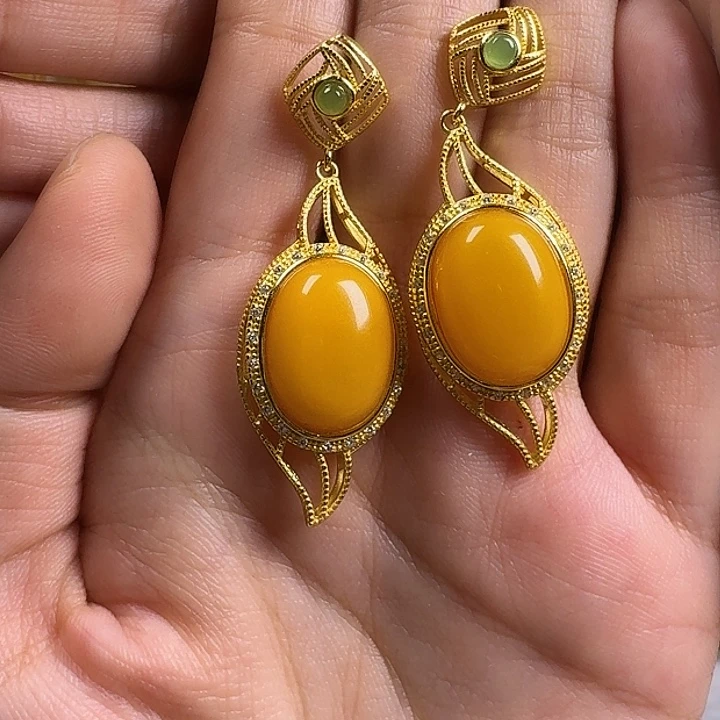 霜***儿蜜蜡银S925镶嵌耳饰耳坠