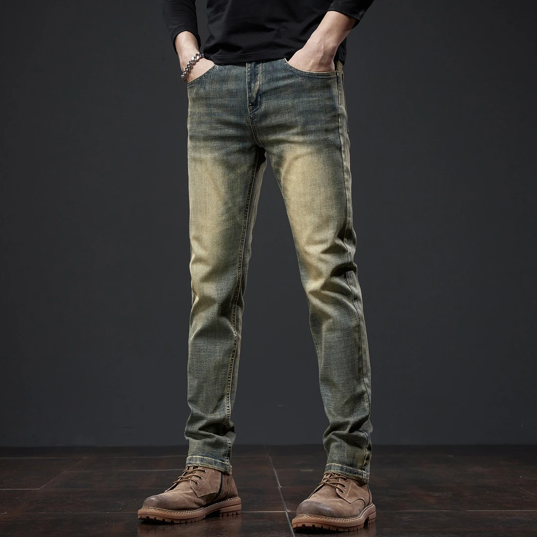 香港高端复古黄泥染牛仔裤男士修身直筒秋冬款弹力百搭休闲长裤子