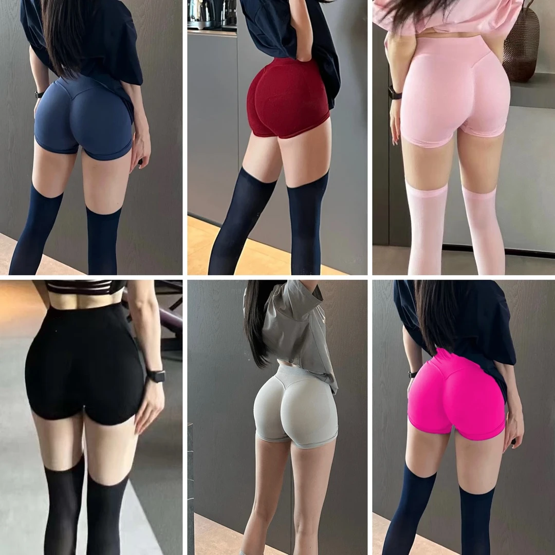欧美无缝翘臀健身短裤网红运动三分裤高腰收腹高弹大码蜜桃臀裤女