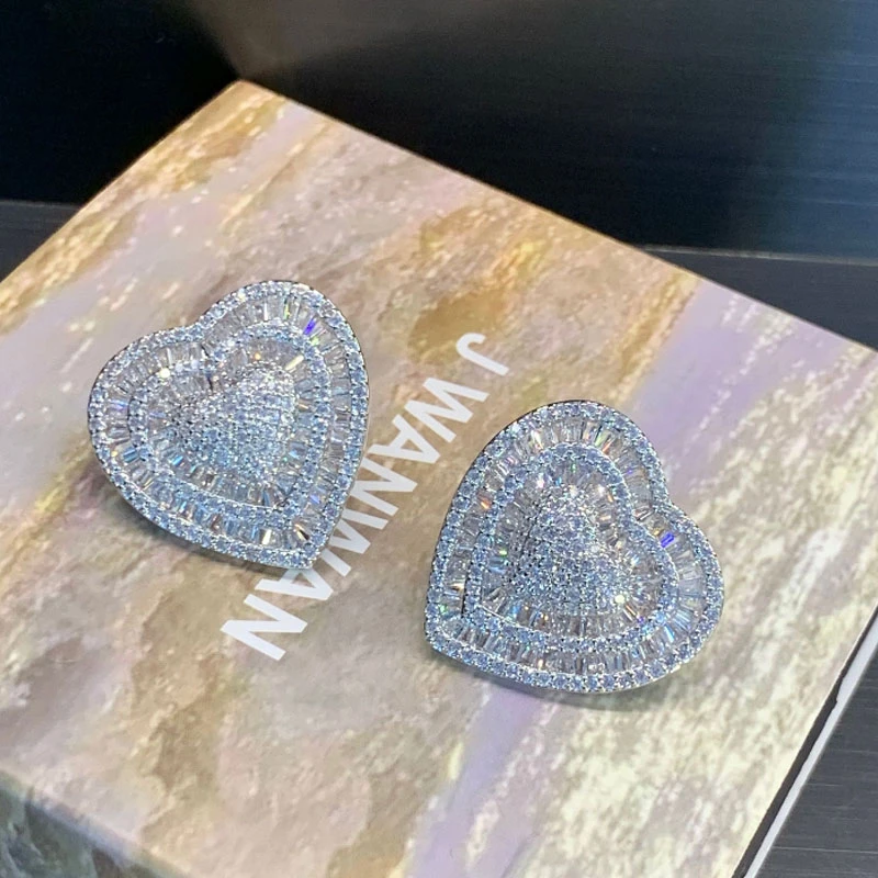 铜合金锆石耳饰 高定闪耀的心满钻大爱心耳钉01ED629