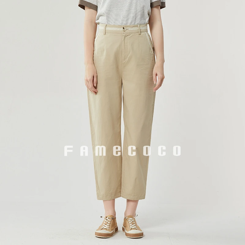 Famecoco范可儿花边拼接休闲裤显瘦百搭纯棉直筒裤FAB3GA003
